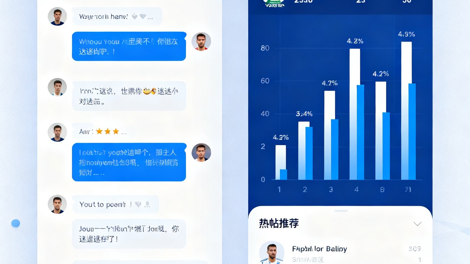 世界杯球迷社区界面截图，左侧为实时聊天室滚动显示球迷评论，右侧为赛后评分面板展示球员得分柱状图，底部为热帖推荐列表